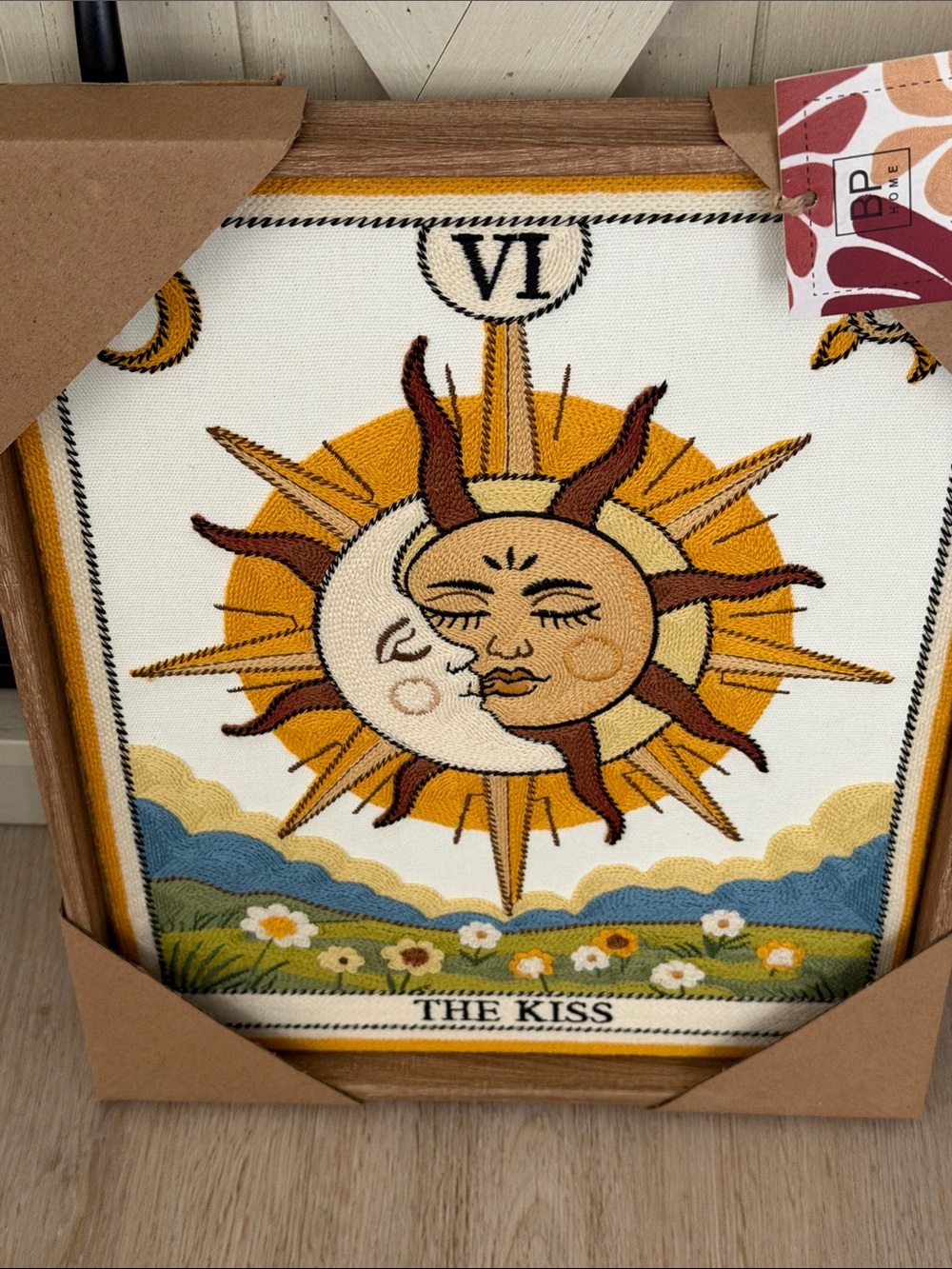 RARE Embroidered Sun & Moon Wall Art - Yellow, Brown & Blue
